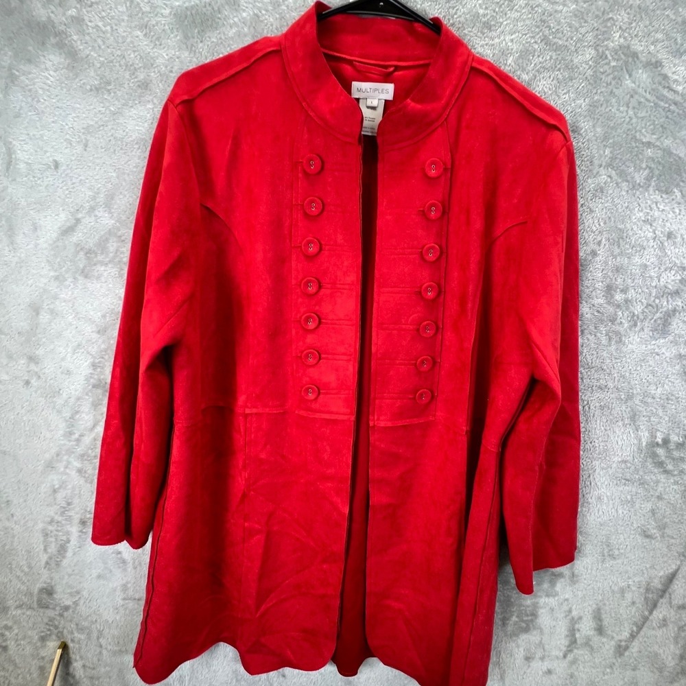 Multiples Red Faux Suede Military Style Mock Neck Open Front Jacket L Steampunk